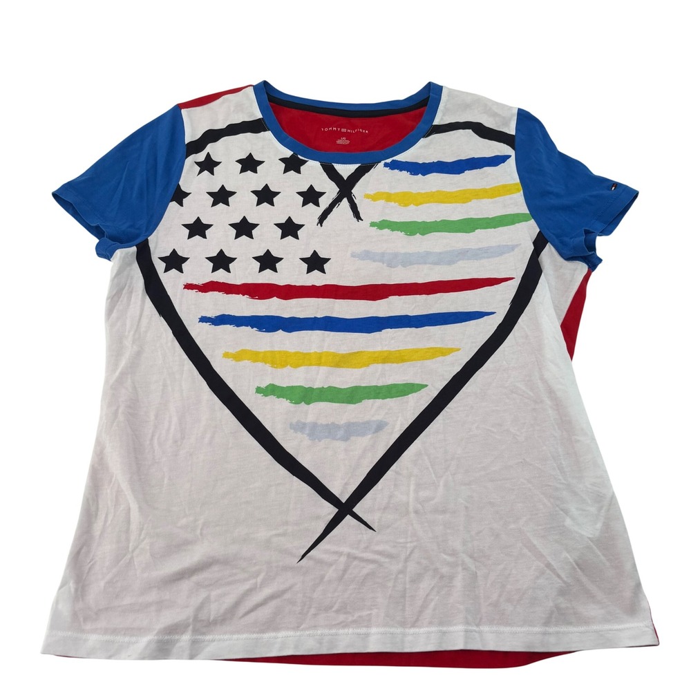 Tommy Hilfiger Womens Americana Rainbow Stars Stripes Heart Graphic T-Shirt L